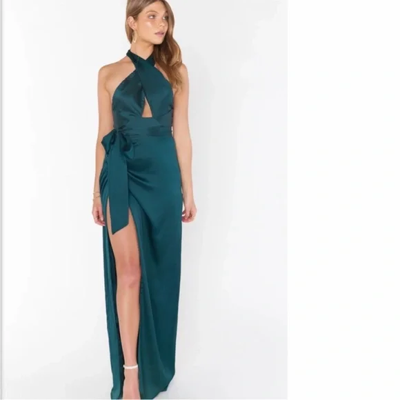 Show Me Your Mumu Adele Halter Maxi Dress in Deep Emerald Luxe Satin M NWT - Picture 7 of 16